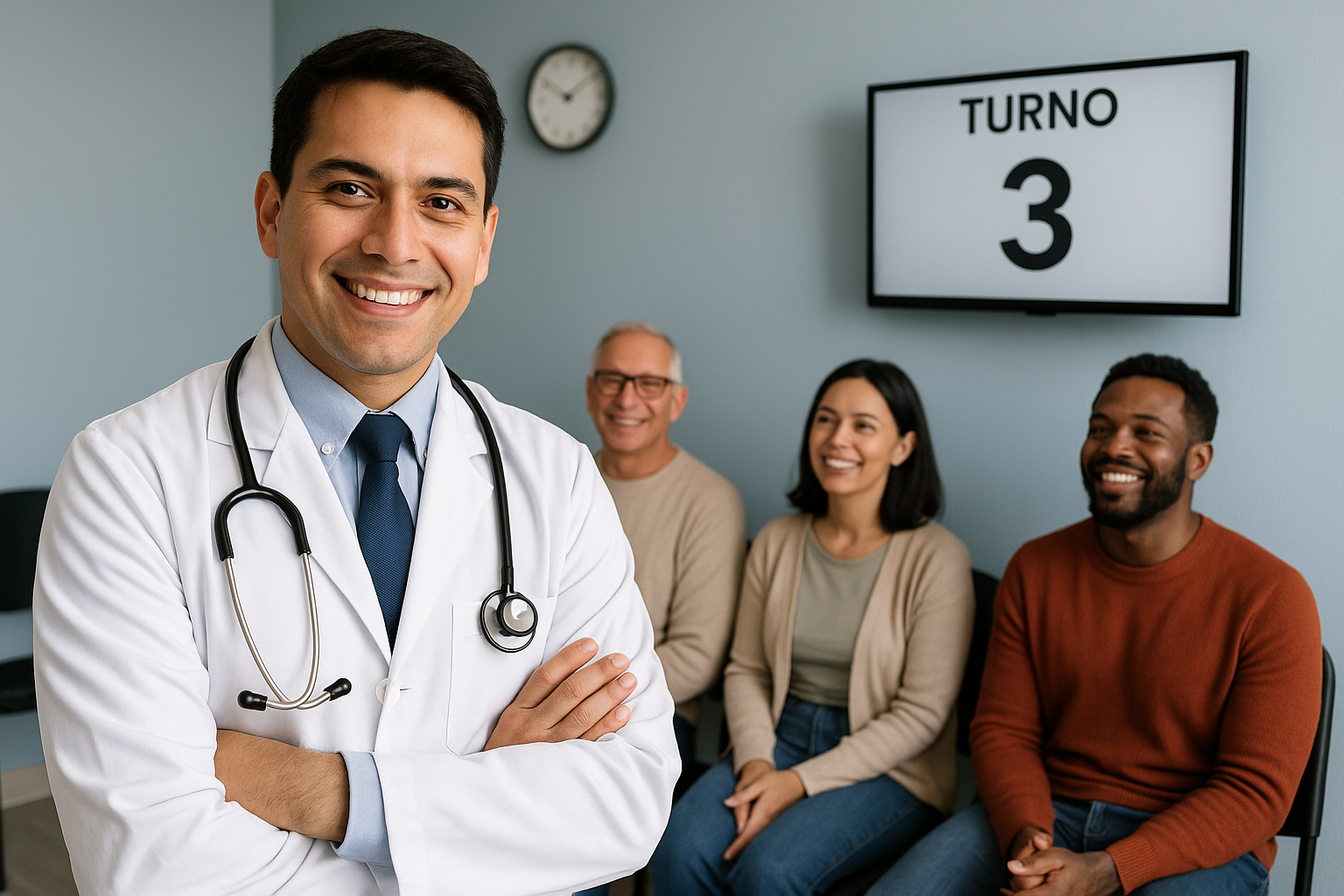 Patients esperando in clinic queue with mobile phones